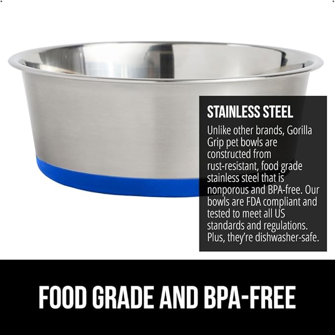 GORILLA GRIP Dog Bowls, Holds 1 Cup Each (8 fl oz), Heavy Duty Stainless Steel Food and Water Bowl for Feeding Dogs and Cats, Dishwasher Safe, Rust Resistant Metal, BPA Free Rubber Base, Set of 2 Blue