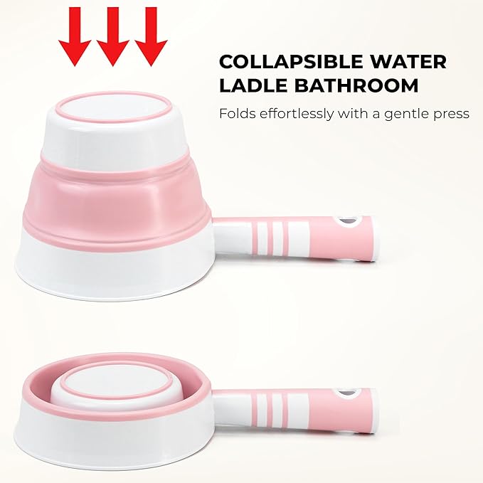 2Pcs Collapsible Water Ladle Bathroom, Foldable Water Scoop & Dipper, Travel Tabo Portable Rinse Cup for Hair Washing Cleaning Soaking, Kitchen Garden Camping, Small Plastic Shower Bucket Pourer Mug