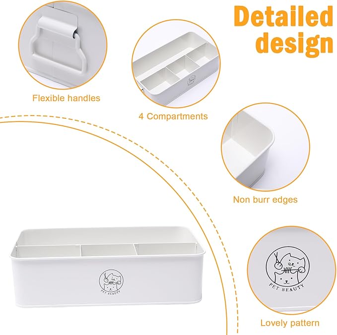 Premium 4-Compartment Dog Grooming Organizer,Metal Caddy for Pet Stuff with Handle-Powder Coated Storage Bin for Dog Cat Grooming Kit,Clippers,Brushes,Scissors & Supplies-White