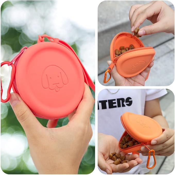 WALLFID Silicone Dog Treat Pouch Small Bag,2PCS Pet Walking Bag for Dog and Cat,Pocket Size,Easy to Clean,Odorless,Zipper Design,Moisture-Proof,Travel Walking Bag,Portable Training Bag. (Orange&Red)
