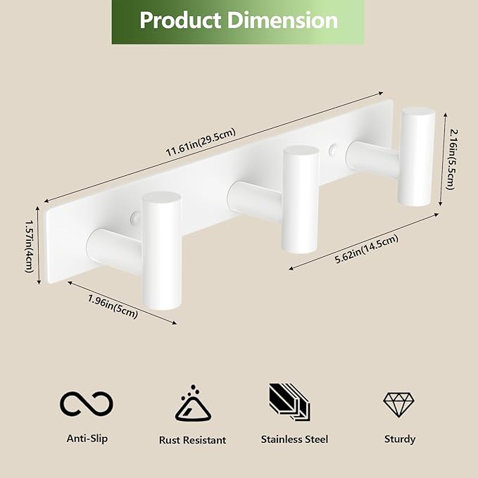 VINHOLD Wall Mounted Coat Rack-3 Hooks, Heavy Duty Stainless Steel Wall Hooks for Towel Coat Bag, Hat Rack Coat Hanger Coat Hooks Towel Racks for Bathroom Entryway Kitchen Hotel Office (White, 1 Pack)