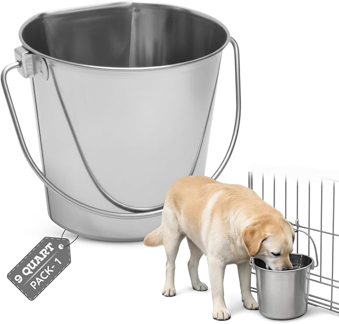 AASPIRE PETS 9 quart Stainless Steel Flat Side Bucket | 2.25 gal Durable Heavy Duty Food & Water Feeding Pails for Dog Goat Sheep horse | Fits kennel Cage Critter Crate Hanging Pet Pail | Multipurpose