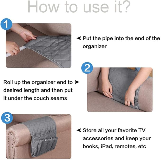 2 Pack Non-Slip Couch Sofa Chair Armrest Organizer 5 Pockets Armchair Caddy Smart Phone, Book, Magazines, Ipad, TV Remote Control Holder (Gray)