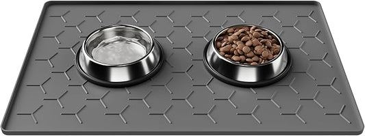 Pieviev Dog Cat Food Bowl Mat, Silicone Waterproof Food Grade Pet Food Mat for Floor, High Raised Edge to Prevent Spills, Non-Slip & Easy Clean Pet Placemat for Dog & Cat Bowls, 24''x16'', Dark Gray