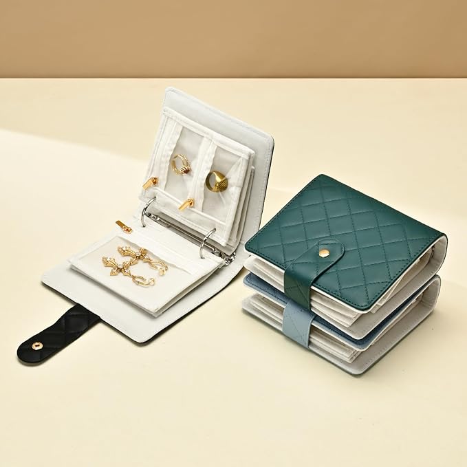 Oirlv Mini Travel Jewelry Organizer Case Portable Jewelry Book with Velvet Pouches for Jewelry Travel Essentials(Blue-Green)