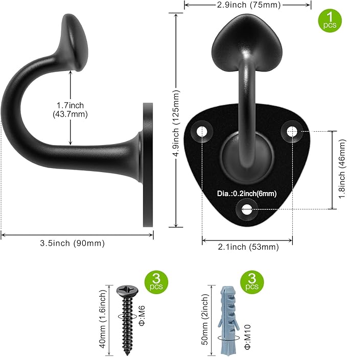 Lifeswell Dog Leash Holder for Wall, Heavy Duty Hook for Lead Management, Easy to Install, Fully Welded Hook for Indoor & Outdoor Use, Black