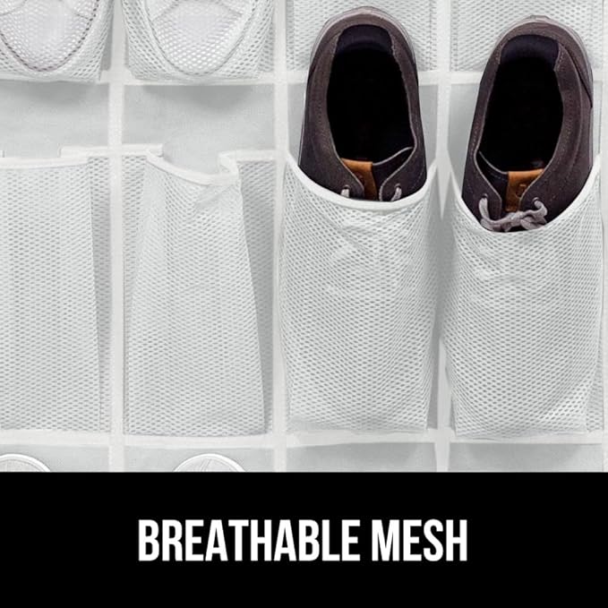 GORILLA GRIP Over the Door Shoe Organizer, 2 Pack, 24 Breathable Mesh Pockets, Space Saving Hanging Storage Holder, Closet Rack Hanger Holds Up to 40 lbs, Hangs on Closets, Shoes, Accessories, White
