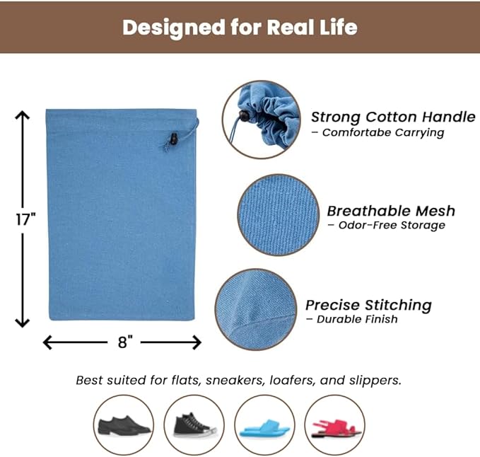 LFH Cotton Rich Shoe Storage Bags with Drawstring, Dustproof Breathable Reusable Organizer, Perfect For Travel, Dorm, Hotel, College, Gym, Easy to Carry, Machine Washable 8"x17" (Pack of 6) - Sky Blue