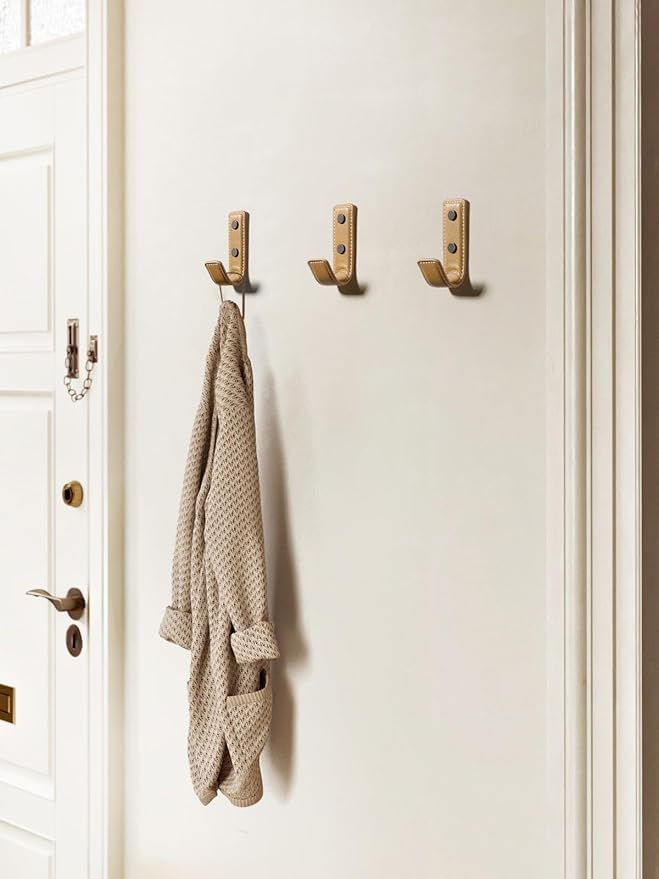 2 Pack Khaki Leather Coat Hooks Wall for Hanging Rectangle Coat Hooks for Hanging Robe Towels Bags Hats Scarf Keys Clothes Suitable for Bedroom, Entryway and Closet