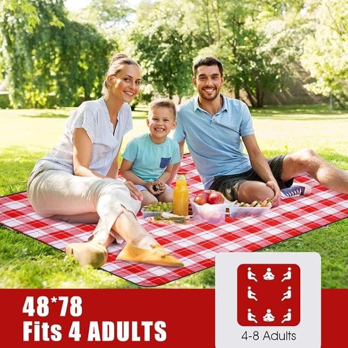 G GOOD GAIN Picnic Outdoor Blankets Waterproof Large - Beach Mat Sand Free Foldable with Carry Strap | Portable Camping Blanket | Park Blanket for Grass Park, Hiking, Travel, Concerts（RedPlaid）