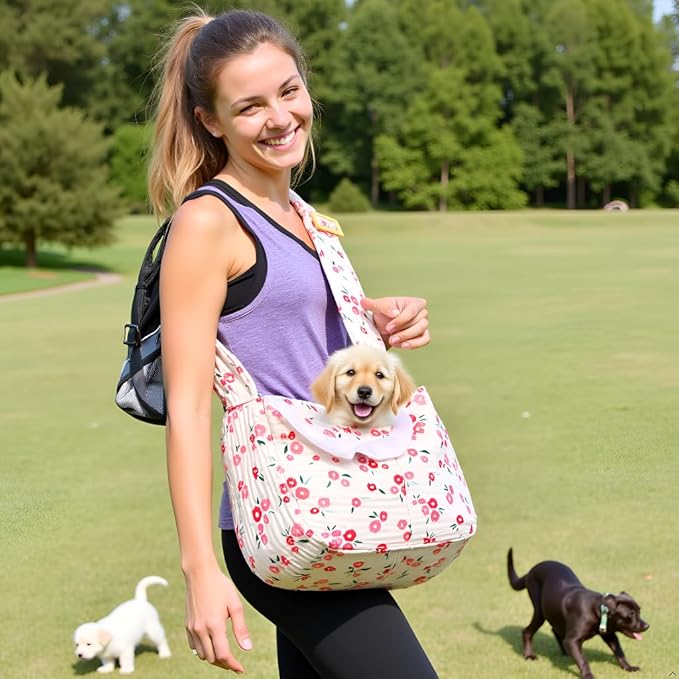 Floral Print Pet Carrier Bag for Small Dogs and Cats, 5-15 Lbs Pet Purse,Hands-Free Design Dog Purses(Red Floral, Small)