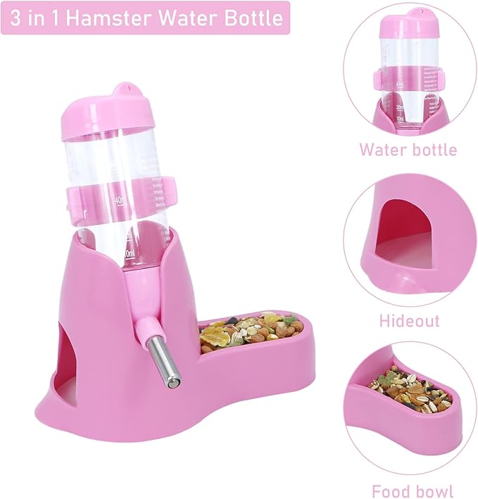 Wontee 3 in 1 Hamster Water Bottle Small Pet Automatic Water Dispenser with Food Container Base Hideout for Dwarf Hamster Mice Gerbils, 2 Pack (Pink, 80ML)