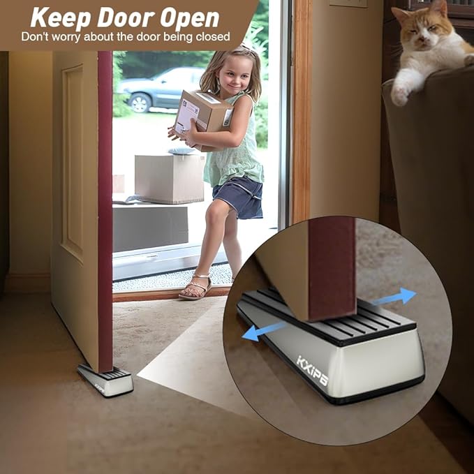 2 Pack Widened Door Stopper Wedge - Heavy Duty Door Stoppers Stop Wedge Made of Premium Quality Brushed Stainless Steel, Wall Protector for Home & School with Self Adhesive Holder Satin Nickel