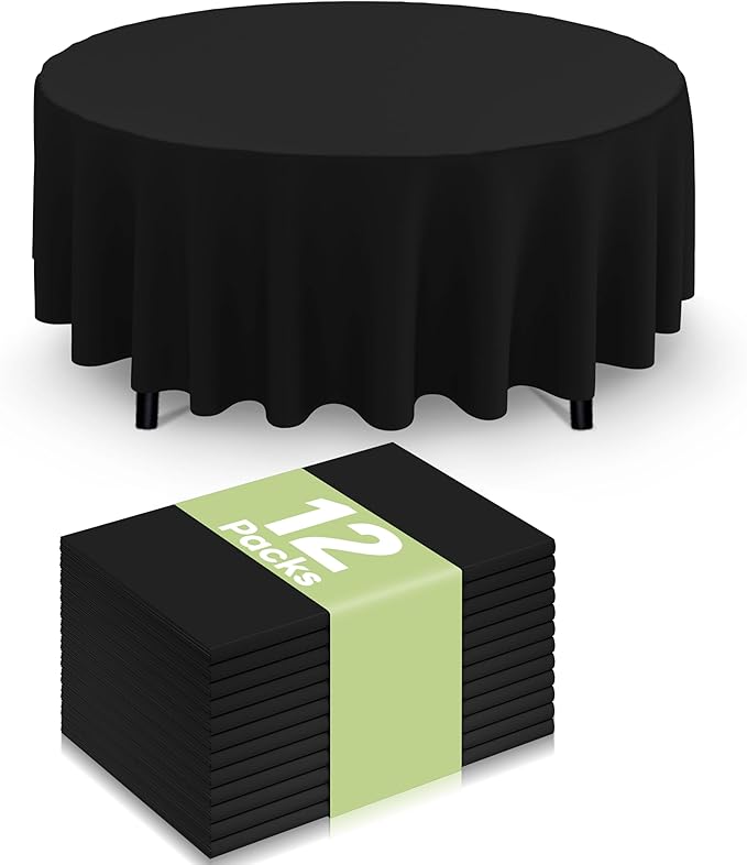 Smiry Disposable Table Cloth 12 Pack, 84 Inch Round Waterproof Plastic Tablecloth, Decorative Rectangle Table Covers for Party, Birthday, Picnic, Black