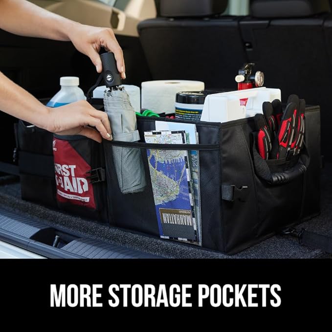 GORILLA GRIP Large Capacity Sturdy Trunk Storage Organizer, Slip and Water Resistant Collapsible Organization Container, Holiday Gifts for Men, Women, Multi Compartment Car or SUV Accessories, Black