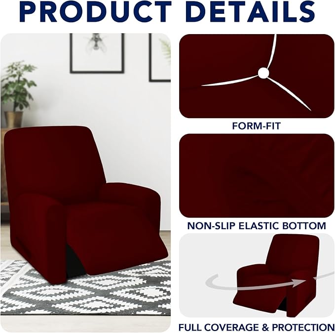 PureFit 100% Dual Waterproof Recliner Cover, Waterproof Couch Cover for Recliner - Stretch Non Slip Fleece Sofa Covers Washable, Leakproof Furniture Protector for Kids, Pets, Dog (Recliner, Wine)