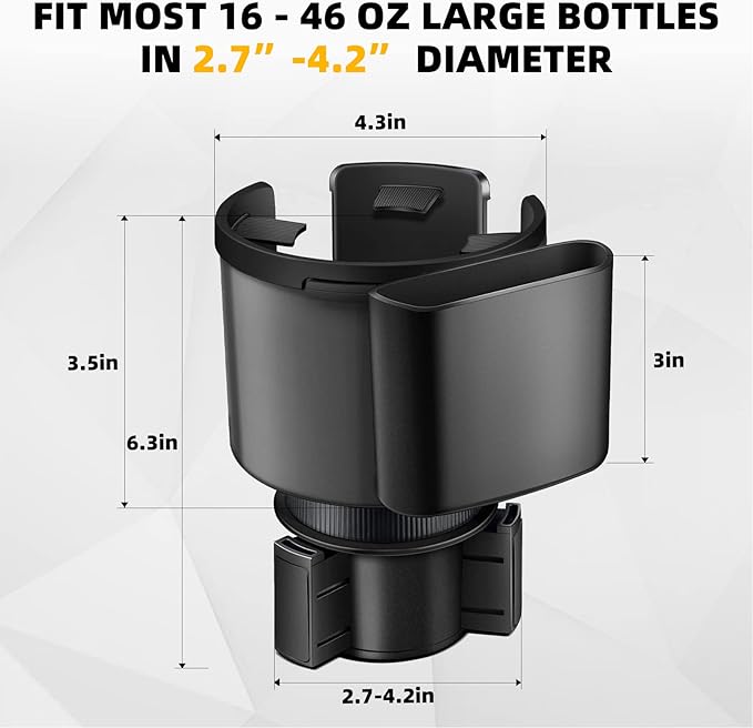 Car Cup Holder Expander, Cup Holder Extender Adapter for Car with Adjustable Base, Fits YETI 24/36/46oz, HydroFlask 32/40oz, Large Water Bottles in 2.7"-4.2" (16-46 OZ)