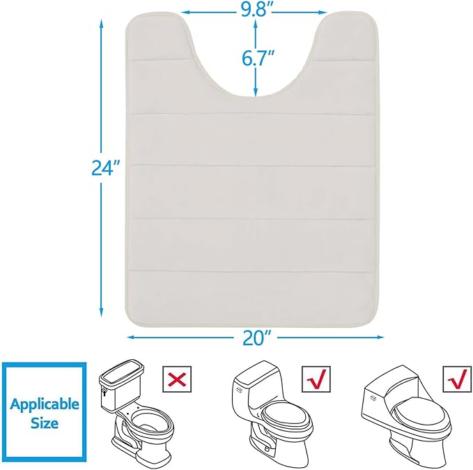 Buganda Memory Foam U-Shaped Contour Toilet Rugs, Non Slip Absorbent, Thick Soft Washable Bathroom Mat, Floor Carpet Bath Rugs Mat for Toilet Base (24" x 20", Cream)