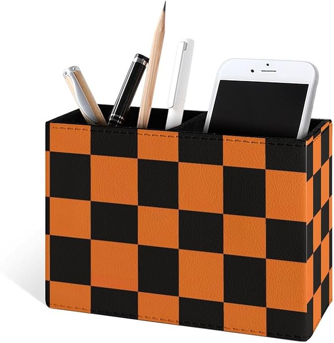 Famame Orange And Black Grid Pattern Pencil Holder for Desk, Leather Desktop Container Pen Cup Storage Study Table Pen Organizer Makeup Brush Holder for Classroom Office Home