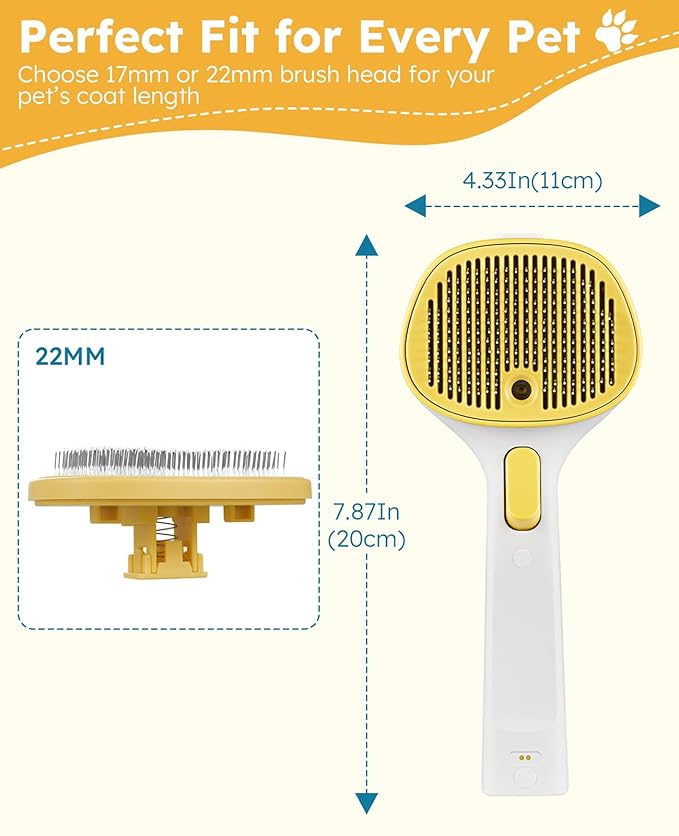 3-in-1 Anti-static Cat Steam Brush & Deshedding Tool - Cat Brush for Long/Short Hair, Reduces 95% Shedding, Easy Clean Grooming Supplies for Pet Owners (Yellow - Long Head)