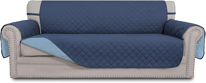 Easy-Going 4 Seater Sofa Slipcover Reversible Sofa Cover Water Resistant Couch Cover with Foam Sticks Elastic Straps Furniture Protector for Pets Children Dog Cat (XX-Large, Dark Blue/Light Blue)