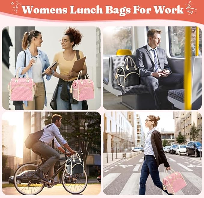 Lunch Bag Women Insulated Lunch Box Wide-Open Lunch Tote Bag Large Drinks Holder Durable Nylon Thermal Snacks Organizer for Men Adults Work Picnic Hiking Beach Fishing, Pink Braid