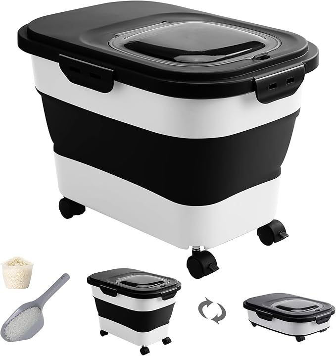 DDMOMMY 20-30 Lbs Rice Storage Container,Collapsible Food Storage Containers with Rolling Wheel Airtight Locking Lid,Flour Storage Container with Cup and Scoop,Suitable for Food,Rice,Pet Food,Flour