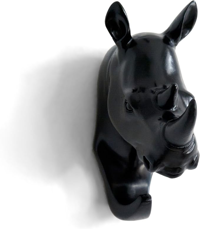 Rhino Head Single Wall Hook/Hanger Animal Shaped Coat Hat Hook Heavy Duty, Rustic Decorative Gift, Black