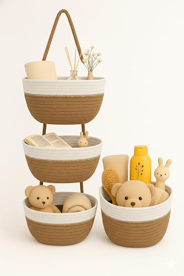 Japanese Handmade Cotton Rope Hanging Basket Organizer – 3 Tier Wall boho Storage Organizer for Toys , Snacks & Décor – Eco-Friendly Coiled Weaving Craft, Housewarming & Shower Gift (White&brown)