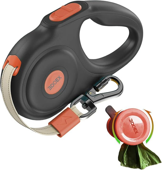 Retractable Dog Leash 10FT for Small & Medium Dogs, Sturdy Heavy-Duty Nylon Tape with Secure Locking Carabiner & Poop Bag Holder, Smooth One-Hand Control, Anti-Slip Handle, Tangle-Free Design (Black)