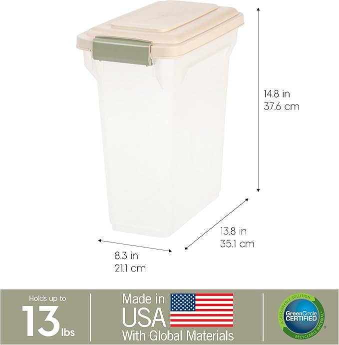 IRIS USA 13 Lbs / 15 Qt WeatherPro Airtight Pet Food Storage Container, for Dog Cat Bird and Other Pet Food Storage Bin, Pet Supplies, Keep Fresh, BPA Free, Clear/Almond