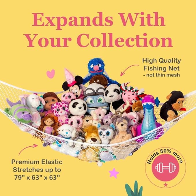 Lilly's Love Large Stuffed Animal Hammock | Corner Hanging Organizer, Stuffed Animal Storage | Easy to Hang Plushie Net w/Included Anchors & Hooks | Cute Room & Bedroom Decor (Gray)