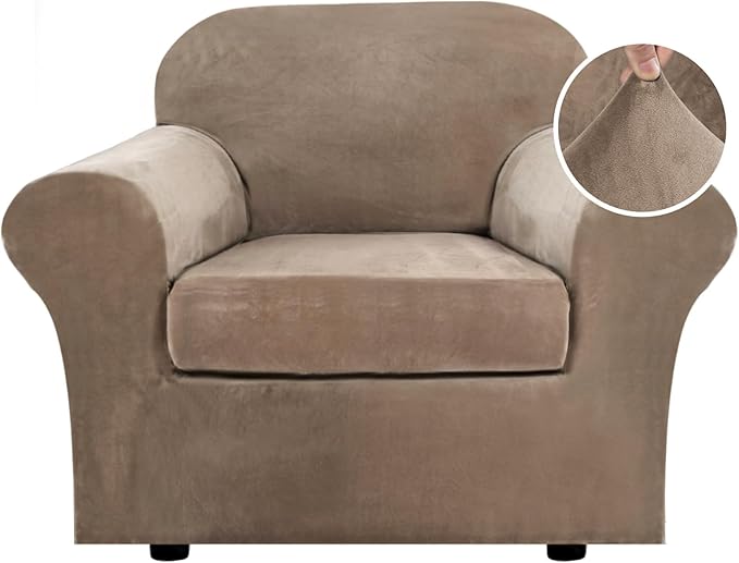 H.VERSAILTEX Rich Velvet Stretch 2 Piece Cover Chair Slipcover Sofa Cover Furniture Protector Couch Soft with Elastic Bottom Chair Couch Cover with Arms Width Up to 49 Inch(Chair,Camel)
