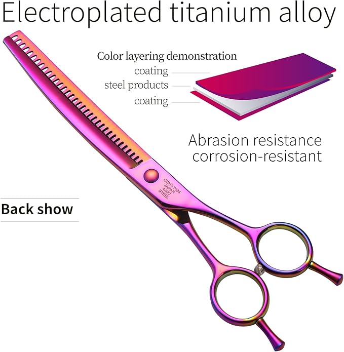 Fenice Peak Professional Dog Grooming Scissors Pet Curved Chunker Shears 7.0'' Extremely Sharp Blades 440C Steel Thinning Scissors Durable Smooth Motion & Fine Cut for Dogs and Cats (Multicolored)