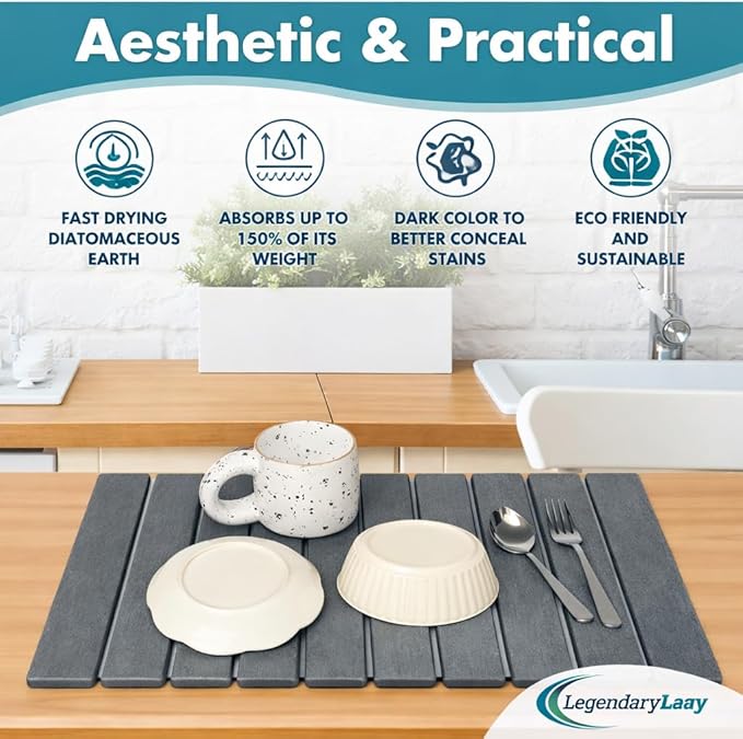 Diatomite Stone Drying Mat Kitchen Counter, Super Absorbent Quick Dry Surface for Dishes Cups Bottles, Diatomaceous Earth Dish Drainer Pad, Multipurpose Bathroom Floor Pet Bowl Plant Tray
