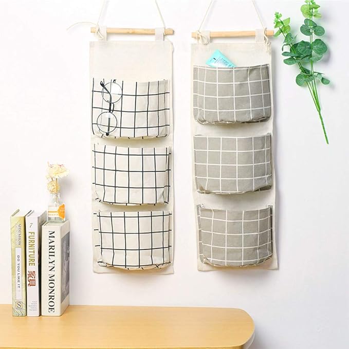 AUHOKY 3Pcs Wall Closet Hanging Storage Bag, Premium Linen Fabric Over The Door Organizer, Hanging Storage Pouches with 3 Pockets for Bedroom Bathroom - Waterproof & Stylish (Black/Gray/White)