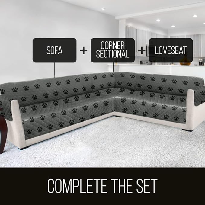 Sofa Shield Couch Slip Cover with Patented Strap, Cushion Protector, US Designed Reversible Stain and Dog Tear Resistant Slipcover, 62 inch Seat, Washable Covers for Dogs Pets, Paw Gray Black