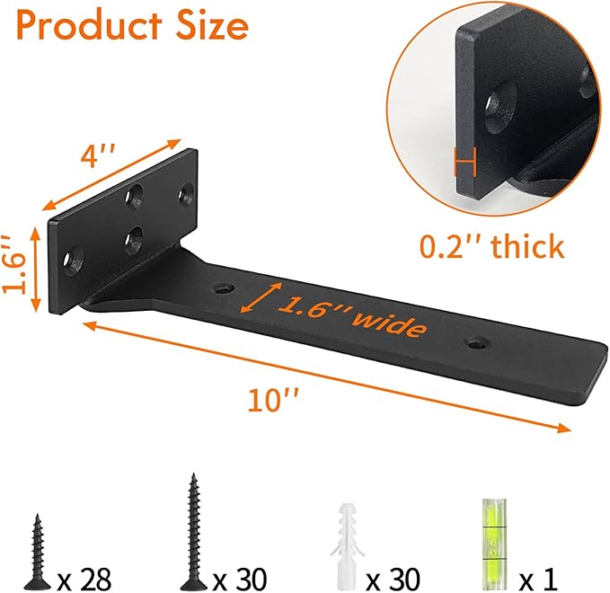 Floating Shelf Brackets, 10 inch Heavy Duty Industrial Fancy Shelf Bracket, Black Metal L Brackets for Shelves Support DIY with Hardware(6 Pack)
