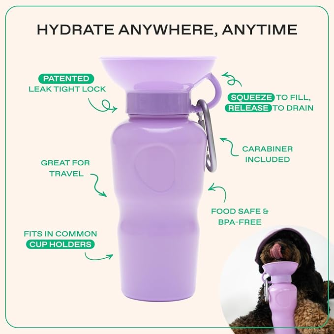 Springer by Springland Dog Water Bottle | Portable Travel Water Bottle Dispenser for Dogs | Dog Gift Seen on Oprah's Favorite Things, Shark Tank | Leak-Proof Bottles | BPA-Free 22oz Lilac
