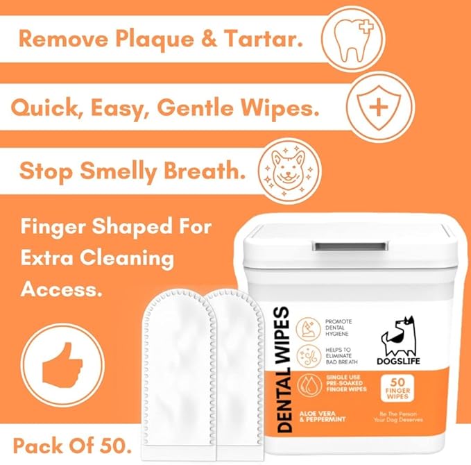 DogsLife Dog Tooth Wipes | Quick & Easy Finger Wipes for Teeth | Remove Tartar & Fight Bad Breath | Naturally Soothing Aloe Vera & Peppermint! Pack of 50 Dog Dental Wipes Teeth Wipes