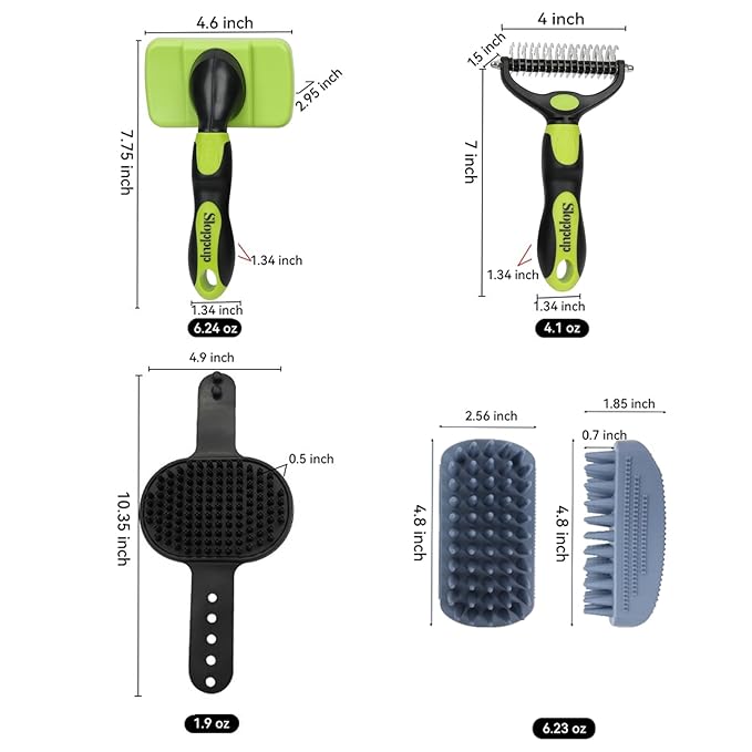 PETIMP STORE Dog Brush Kit for Grooming Short & Long Haired Dogs & Cats, 4-in-1 Pet Grooming Set with Self-Cleaning Slicker Brush, Deshedding Tool, Shampoo Bath Comb, Massge Comb (Green Black)