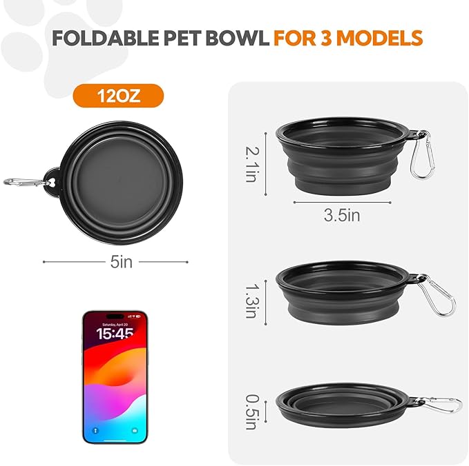 Dog Bowl Collapsible, 2 Pack Portable Foldable Travel Water Bowl Food Dishes with Carabiner Clip for Traveling, Hiking, Walking(12oz, Small, Grey+Black)