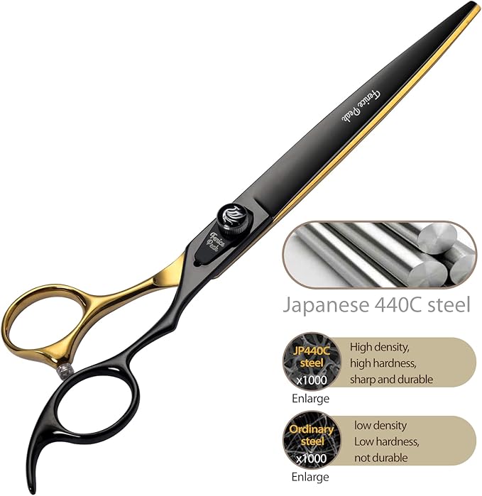 Fenice Peak 7'' Black Dog Grooming Scissors Goldern Straight Shears with Ergonomic Offest Handle and Pattern Screw Pet Grooming Trimming Shears Durable and Sharp 440C