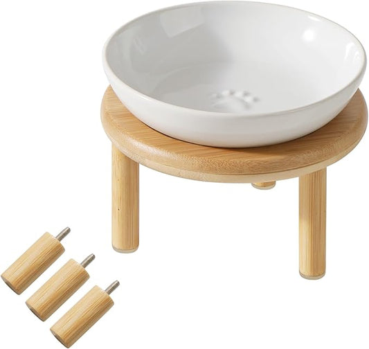 Elevated Ceramic Cat Dish with Paw Print, Wide Whisker Friendly Anti-Slip Food & Water Bowl with 2 Heights Adjustable Stand - Pet Bowl Set for Cats (1 Dish + 1 Stand, White)