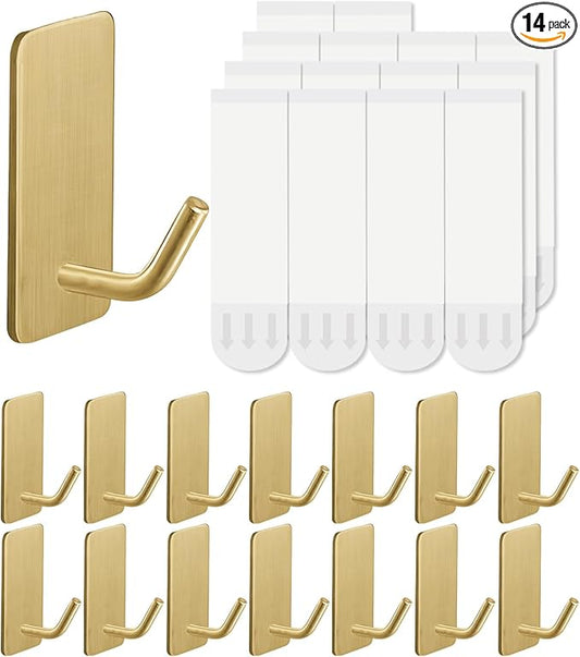 14 Pcs Towel Hooks with Removable Strips for Hanging, Adhesive Wall Hooks Heavy Duty, Outdoor No Damage, Sticky Hook for Bathrooms, Shower, Stockings, Decor, Robe, Small, Gold 304 Stainless Steel