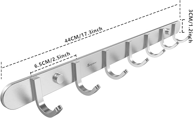 Sagmoc Towel Hook Rack Brushed Nickel 17-Inch Coat Hook Rail Wall Mounted with 7 Hooks, Durable Wall Hangers for Bedroom, Bathroom, Foyer, Hallway (304 Stainless Steel)