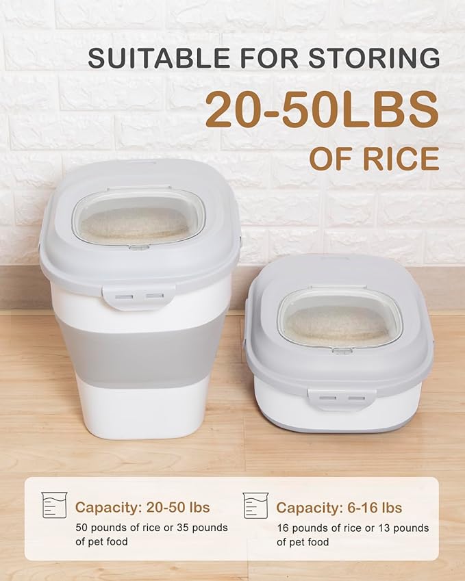 DDMOMMY 20-50 Lbs Food Storage Container With Wheel, Airtight Locking Lid, Collapsible Rice Container, Flour Storage With Small Container and Scoop, Suitable for Pet Food