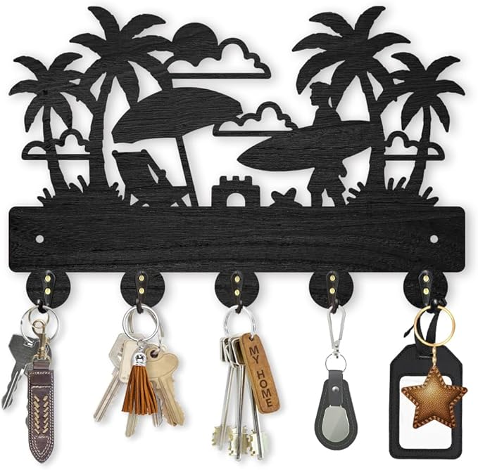 MAYJOYDIY Beach Coat Hooks Wall Mount Summer Coconut Tree Wood Key Holder for Wall 11.8×7.9inch Black Wall Art Decor Key Hooks 5 Alloy Hooks for Gift Entryway Living Room Kitchen Office