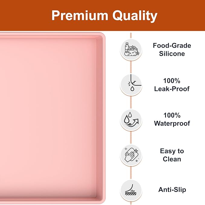 Extra Thick Silicone Mat Waterproof with Raised Edge 19” x 12”, BPA Free Non-Slip Dog & Cat Food Mat, Feeding Mat for Food and Water Bowls, Spill Proof Mat to Protect Floors, Pink