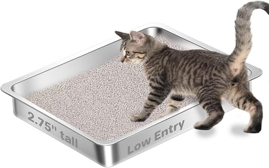 Low Entry Stainless Steel Cat Litter Box for Kittens, Metal Kitty Shallow Litter Box, Easy Access Kitty Litter Pan Tray, Easy Cleaning -17.72'' Lx 13.78'' W x 2.76'' H